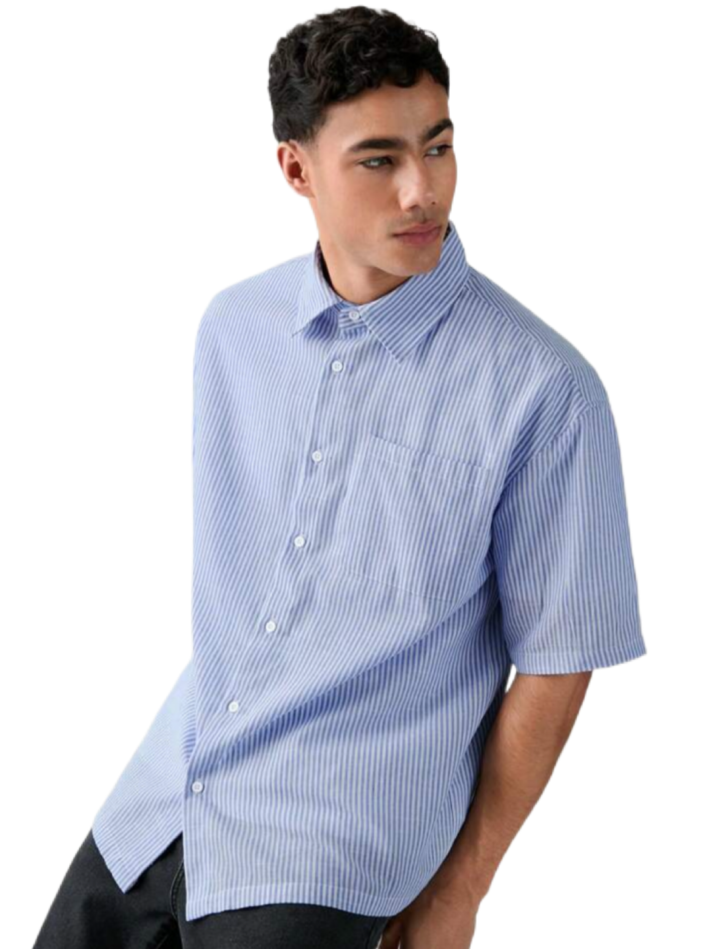 Men's Single Breasted Casual Woven Short Sleeve Blue Shirt
