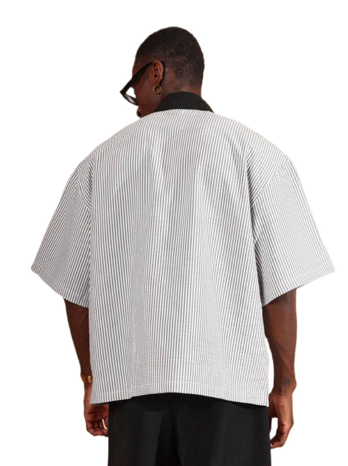 SUMWON Oversized Zipper Polo Casual Seersucker Vertical Striped Short Sleeve