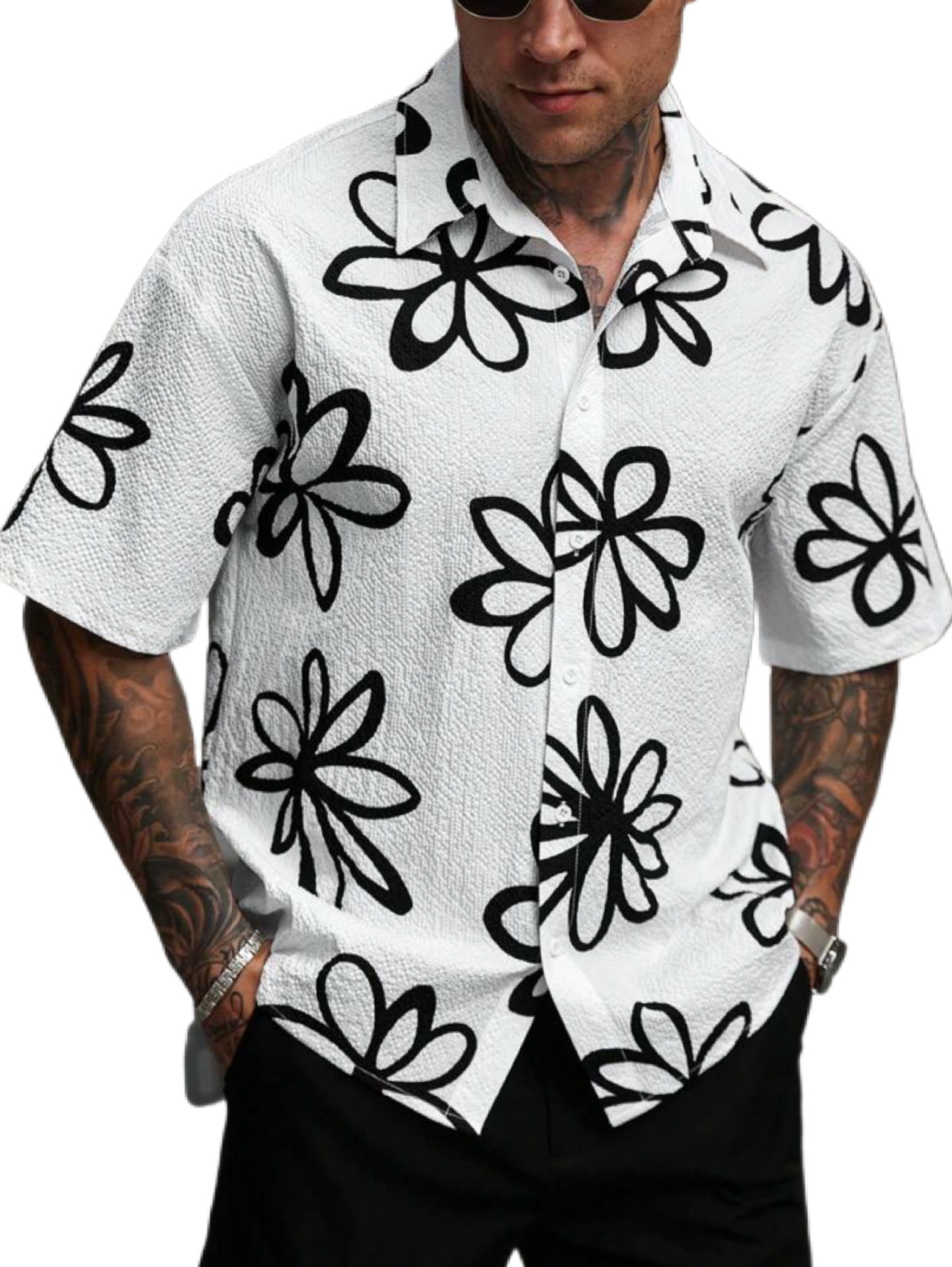 Manfinity RSRT Men's Casual Short Sleeve Shirt With Simple Floral Illustration Digital Print, Loose Fit With Button Closure.