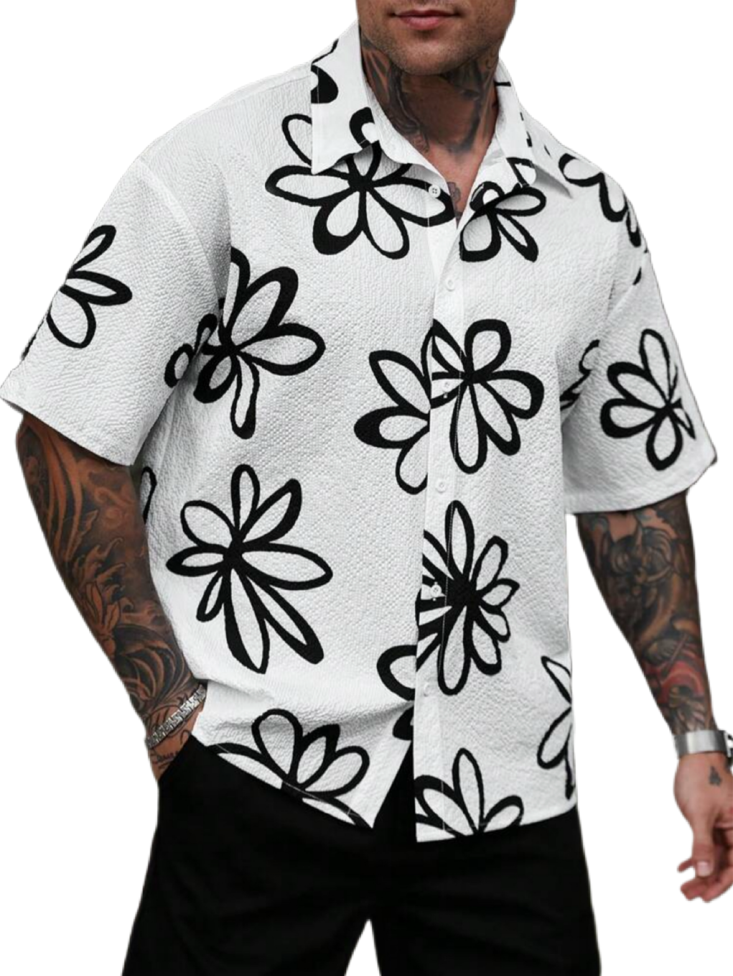 Manfinity RSRT Men's Casual Short Sleeve Shirt With Simple Floral Illustration Digital Print, Loose Fit With Button Closure.