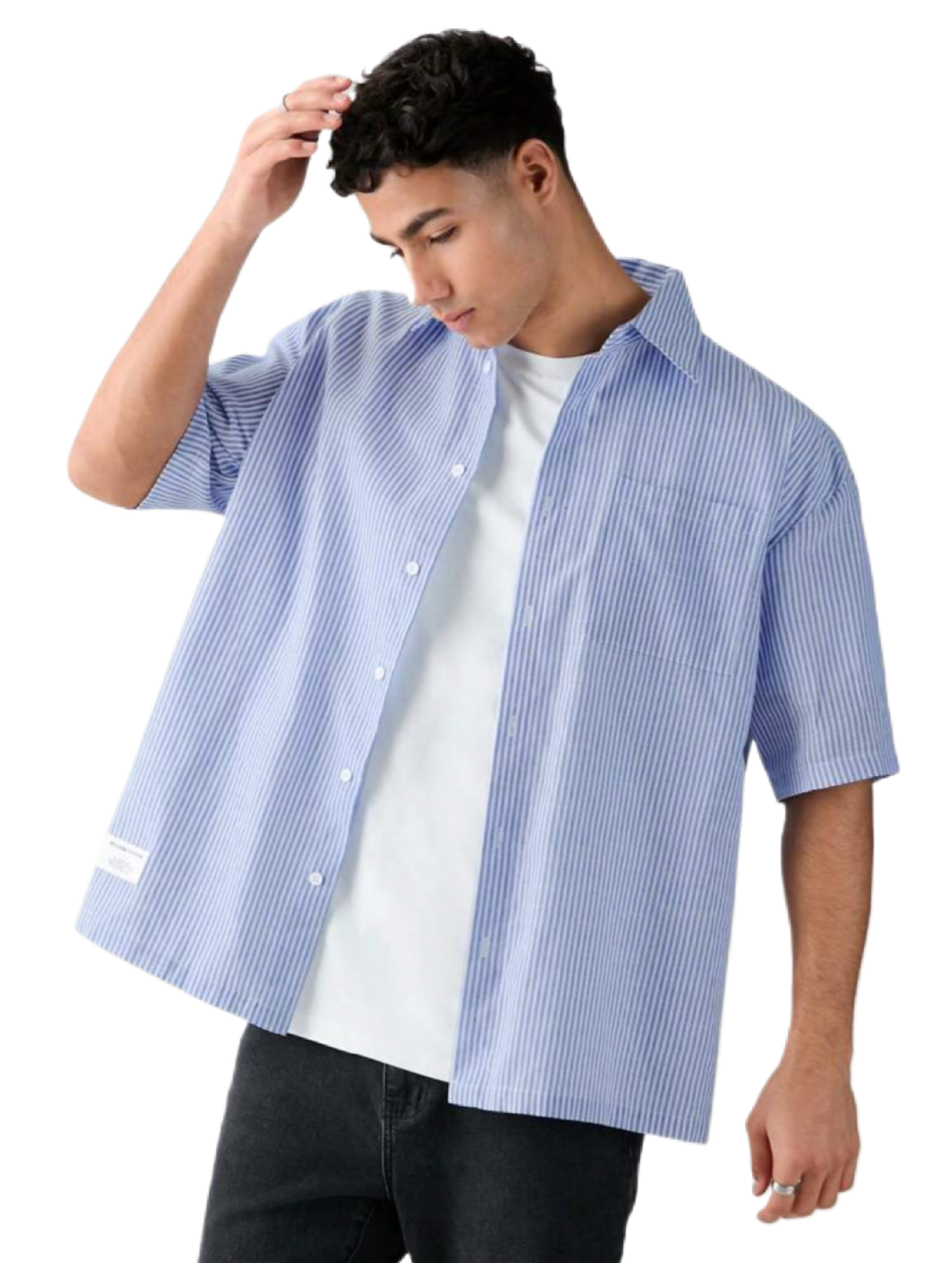 Men's Single Breasted Casual Woven Short Sleeve Blue Shirt