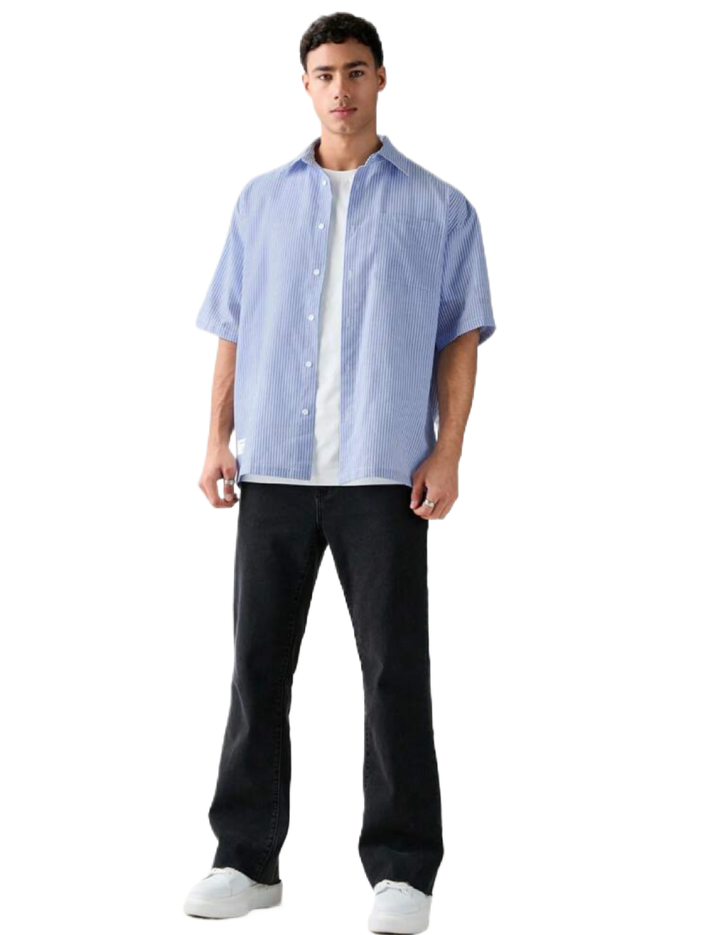 Men's Single Breasted Casual Woven Short Sleeve Blue Shirt