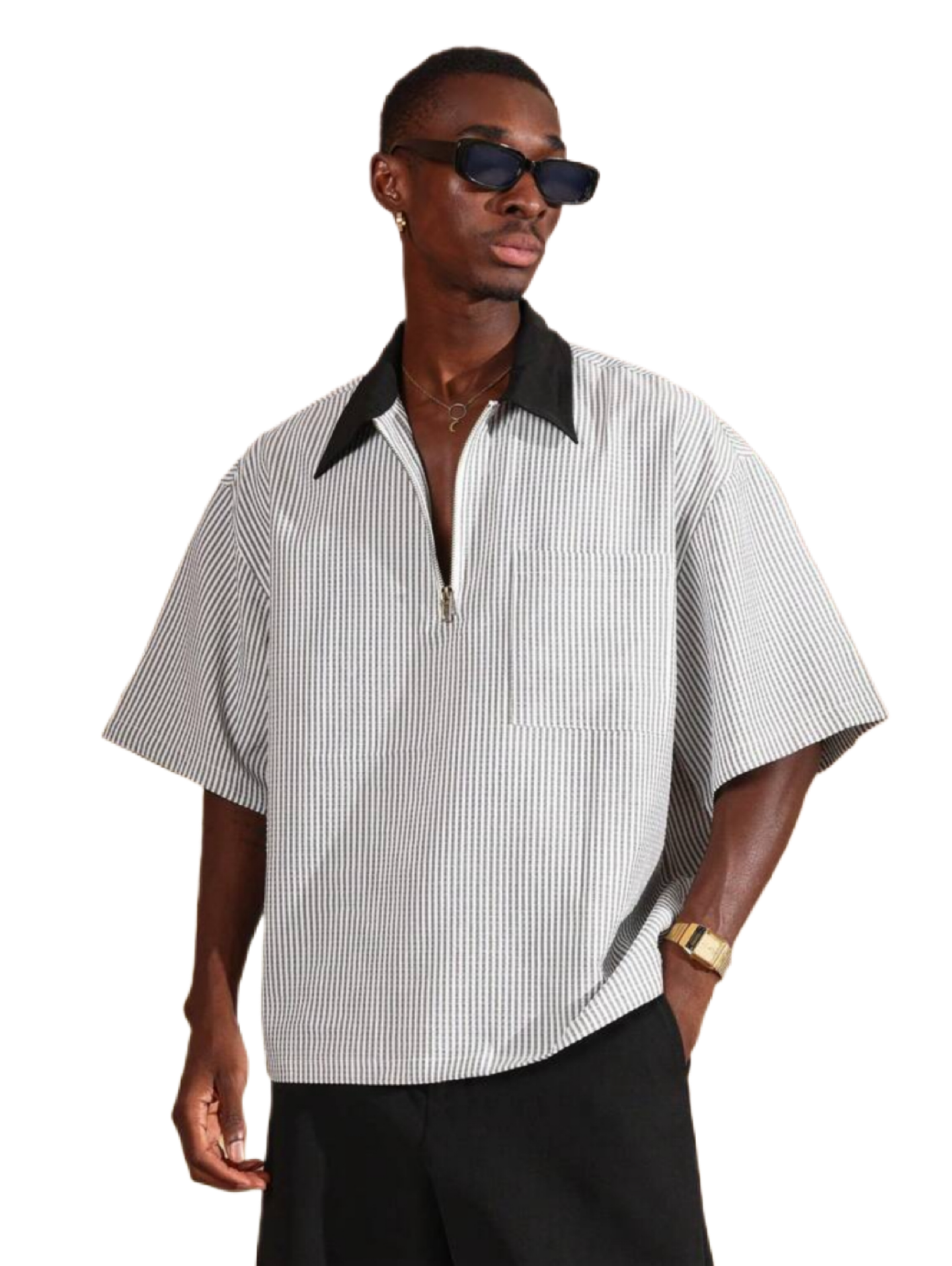 SUMWON Oversized Zipper Polo Casual Seersucker Vertical Striped Short Sleeve