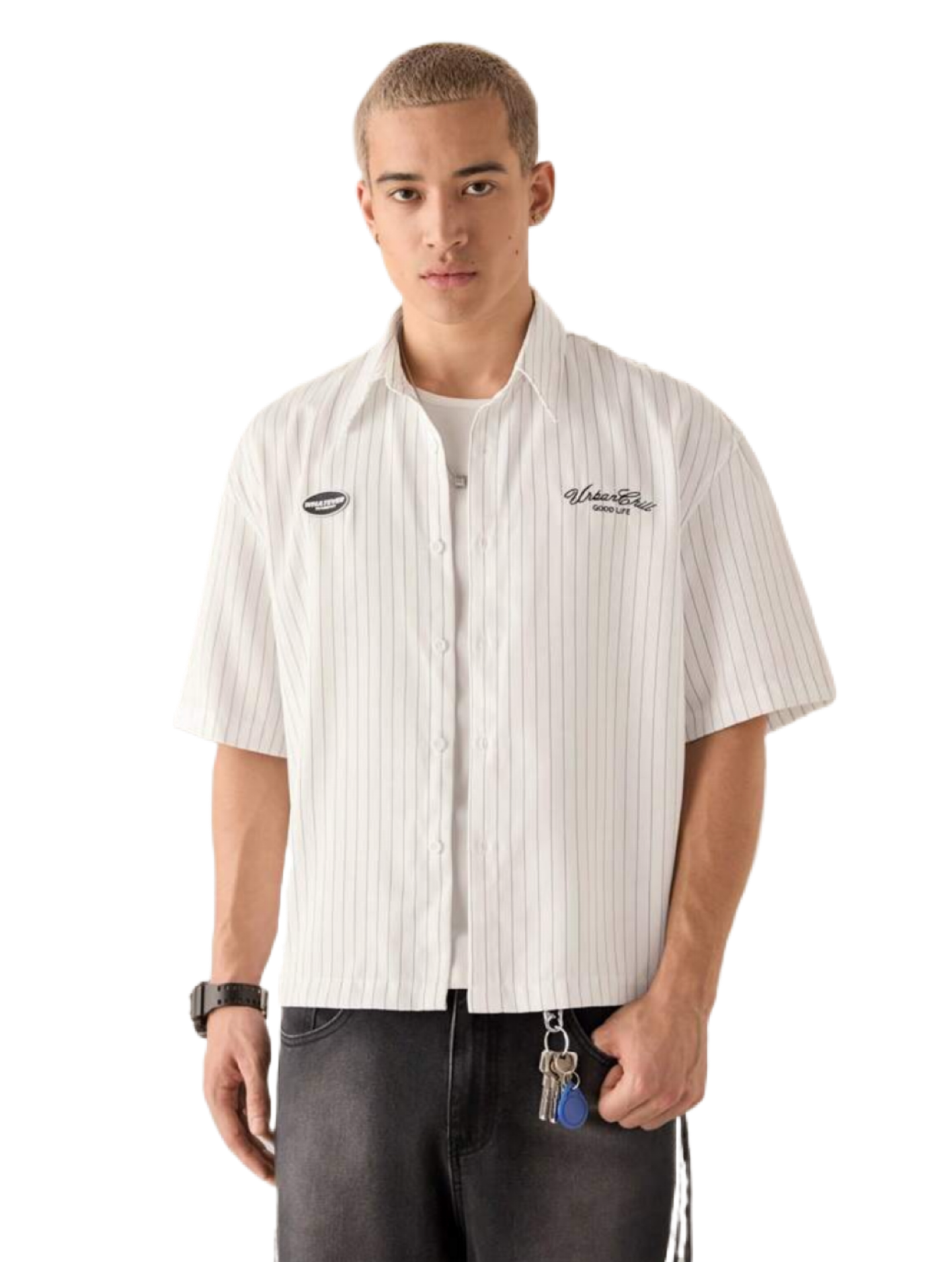 Men's Casual Loose Short Sleeve Stripe Woven Shirt