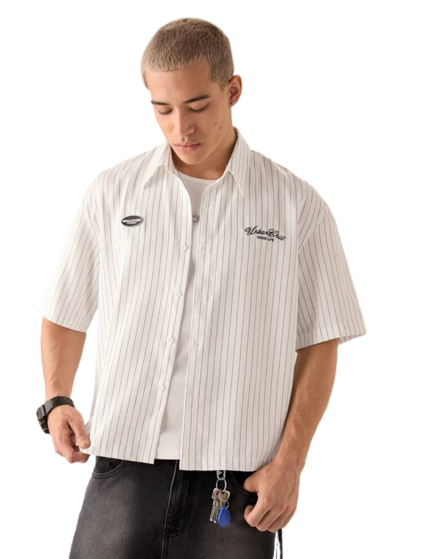 Men's Casual Loose Short Sleeve Stripe Woven Shirt