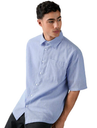 Men's Single Breasted Casual Woven Short Sleeve Blue Shirt