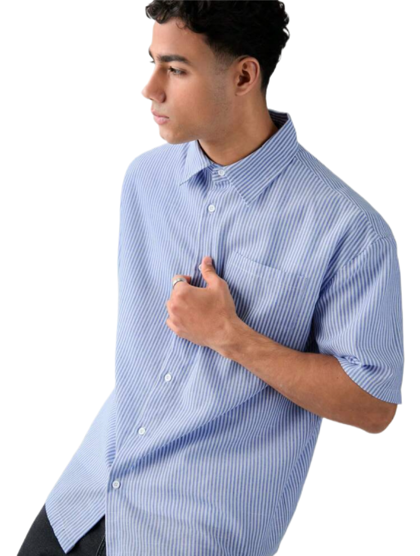 Men's Single Breasted Casual Woven Short Sleeve Blue Shirt