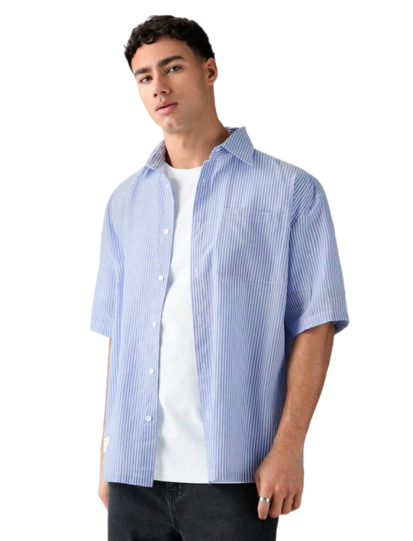 Men's Single Breasted Casual Woven Short Sleeve Blue Shirt