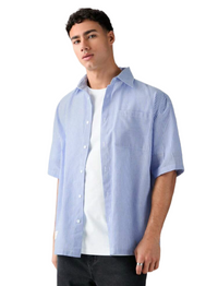 Men's Single Breasted Casual Woven Short Sleeve Blue Shirt