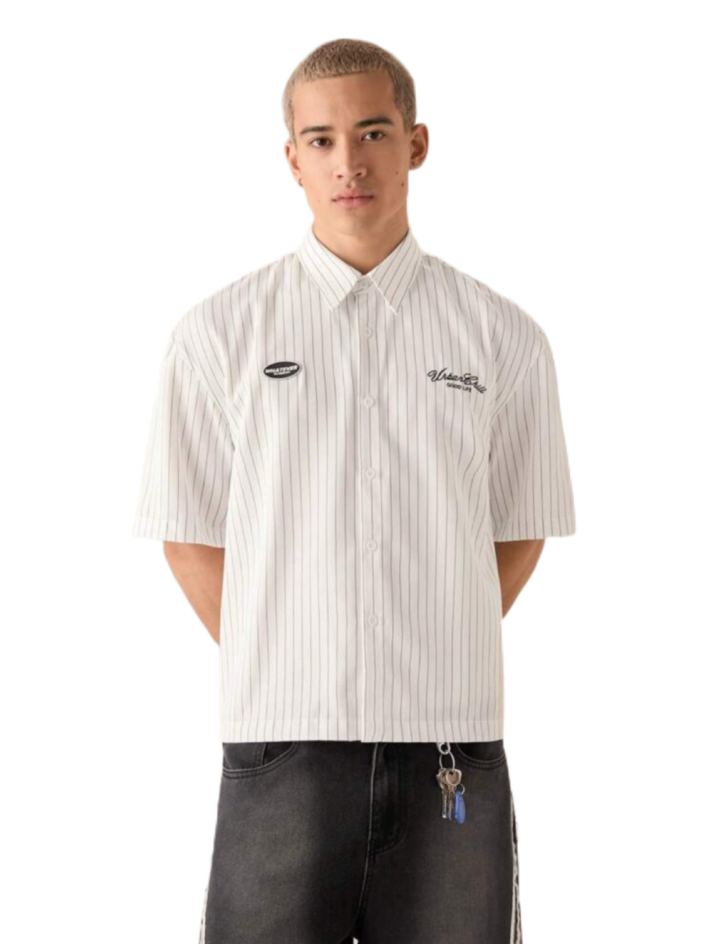 Men's Casual Loose Short Sleeve Stripe Woven Shirt