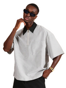 SUMWON Oversized Zipper Polo Casual Seersucker Vertical Striped Short Sleeve
