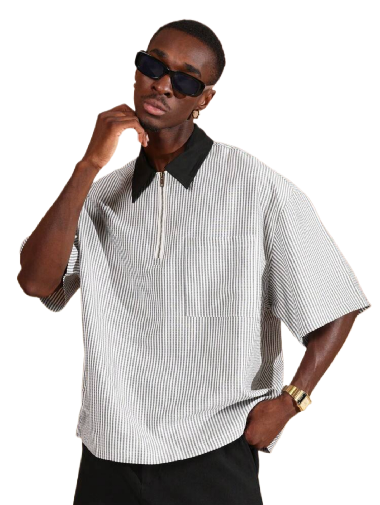 SUMWON Oversized Zipper Polo Casual Seersucker Vertical Striped Short Sleeve