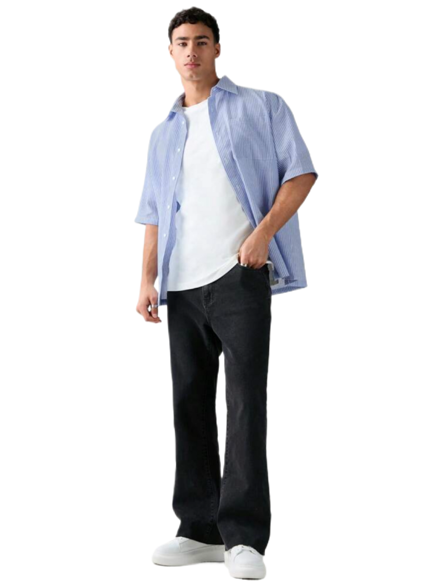 Men's Single Breasted Casual Woven Short Sleeve Blue Shirt