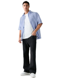 Men's Single Breasted Casual Woven Short Sleeve Blue Shirt