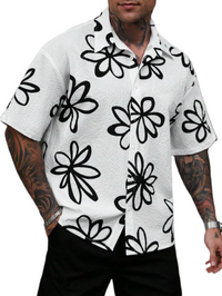 Manfinity RSRT Men's Casual Short Sleeve Shirt With Simple Floral Illustration Digital Print, Loose Fit With Button Closure.