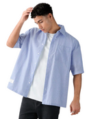Men's Single Breasted Casual Woven Short Sleeve Blue Shirt