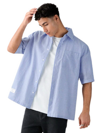 Men's Single Breasted Casual Woven Short Sleeve Blue Shirt