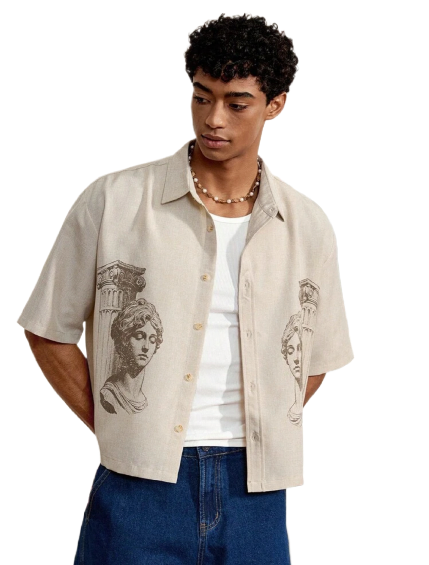 Men's Roman Portrait Print Short Sleeve Casual Shirt