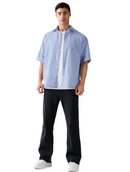 Men's Single Breasted Casual Woven Short Sleeve Blue Shirt