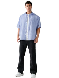 Men's Single Breasted Casual Woven Short Sleeve Blue Shirt