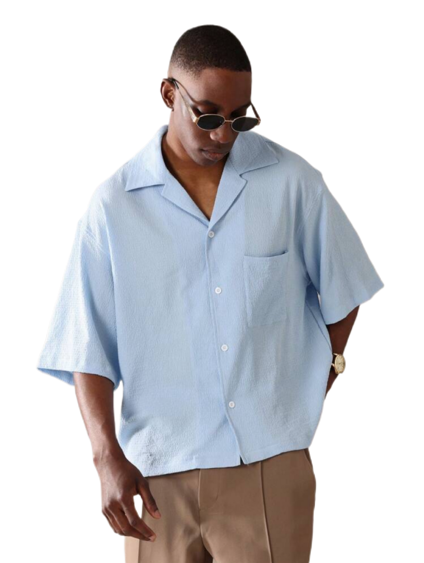 Boxy Fit Textured Short Sleeve Button-Down Casual Shirt Relaxed Style