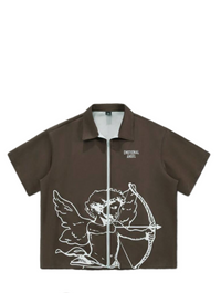 Men's Casual Front Zipper Short Sleeve Graphic Print Shirt