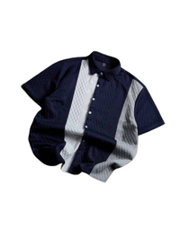 Men's Summer Casual Textured Color Block Short Sleeve Button Up Shirt