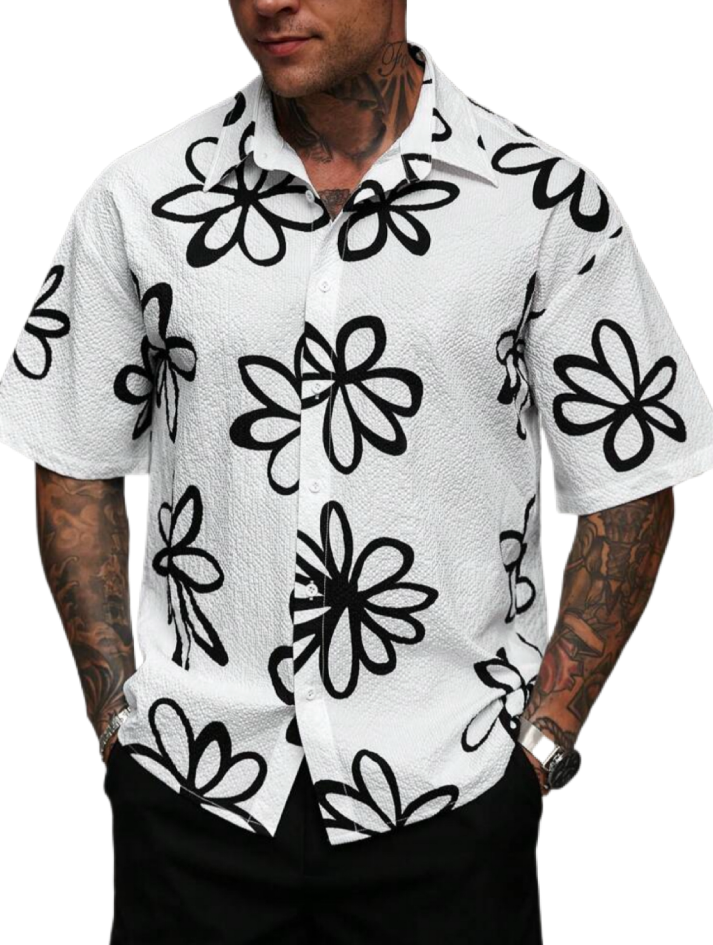 Manfinity RSRT Men's Casual Short Sleeve Shirt With Simple Floral Illustration Digital Print, Loose Fit With Button Closure.