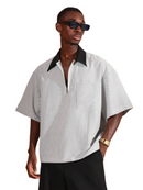 SUMWON Oversized Zipper Polo Casual Seersucker Vertical Striped Short Sleeve