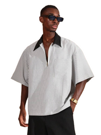 SUMWON Oversized Zipper Polo Casual Seersucker Vertical Striped Short Sleeve
