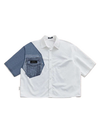 Men's Fashionable Casual Contrast Color Baggy Denim Loose White Shirt