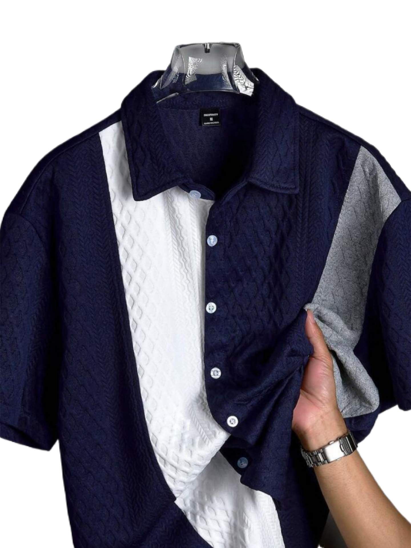 Men's Summer Casual Textured Color Block Short Sleeve Button Up Shirt