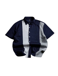 Men's Summer Casual Textured Color Block Short Sleeve Button Up Shirt