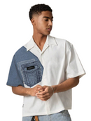 Men's Fashionable Casual Contrast Color Baggy Denim Loose White Shirt