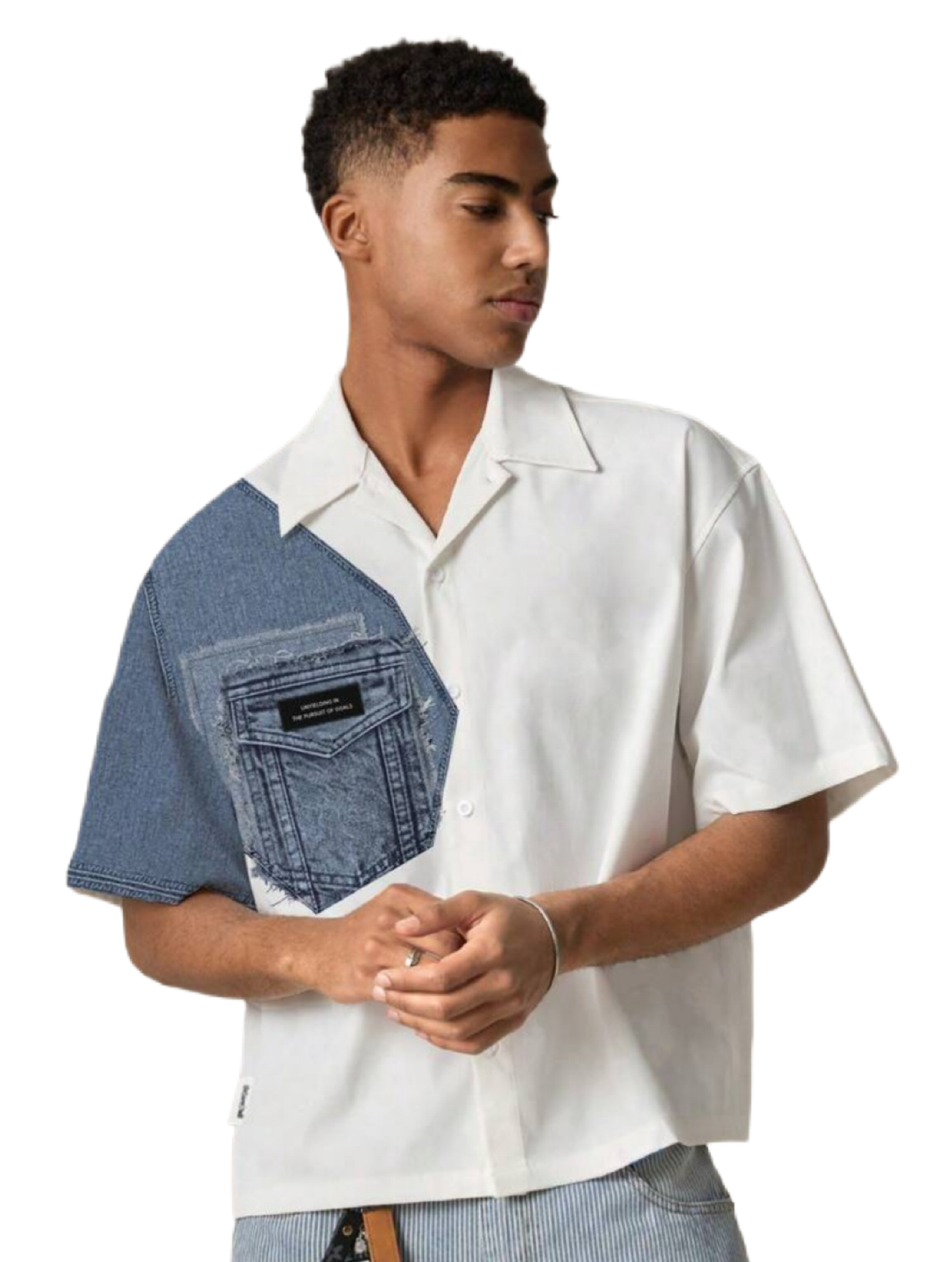 Men's Fashionable Casual Contrast Color Baggy Denim Loose White Shirt
