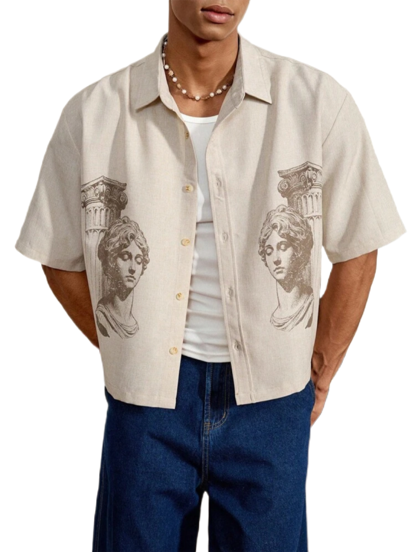 Men's Roman Portrait Print Short Sleeve Casual Shirt