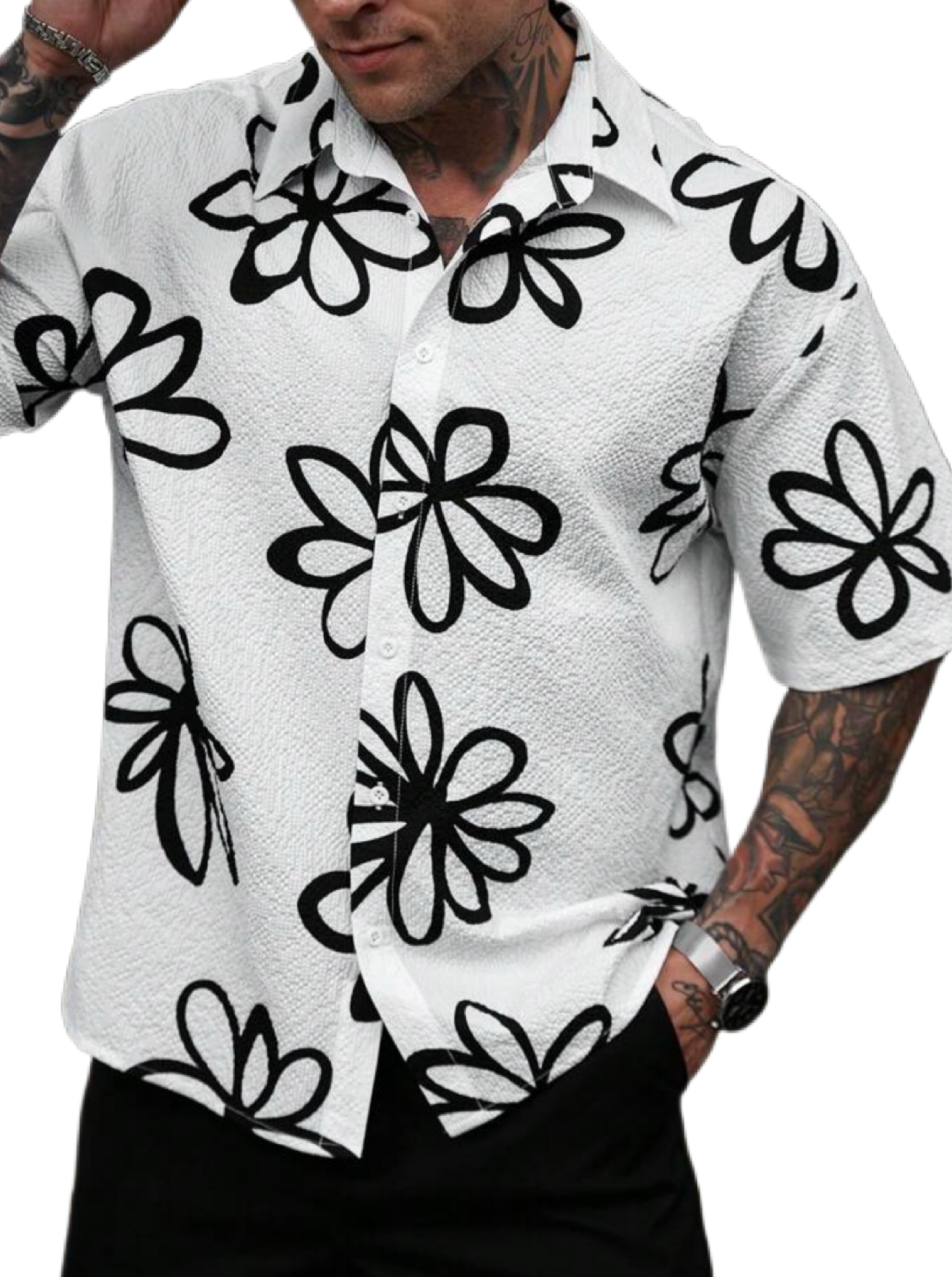Manfinity RSRT Men's Casual Short Sleeve Shirt With Simple Floral Illustration Digital Print, Loose Fit With Button Closure.