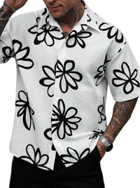 Manfinity RSRT Men's Casual Short Sleeve Shirt With Simple Floral Illustration Digital Print, Loose Fit With Button Closure.